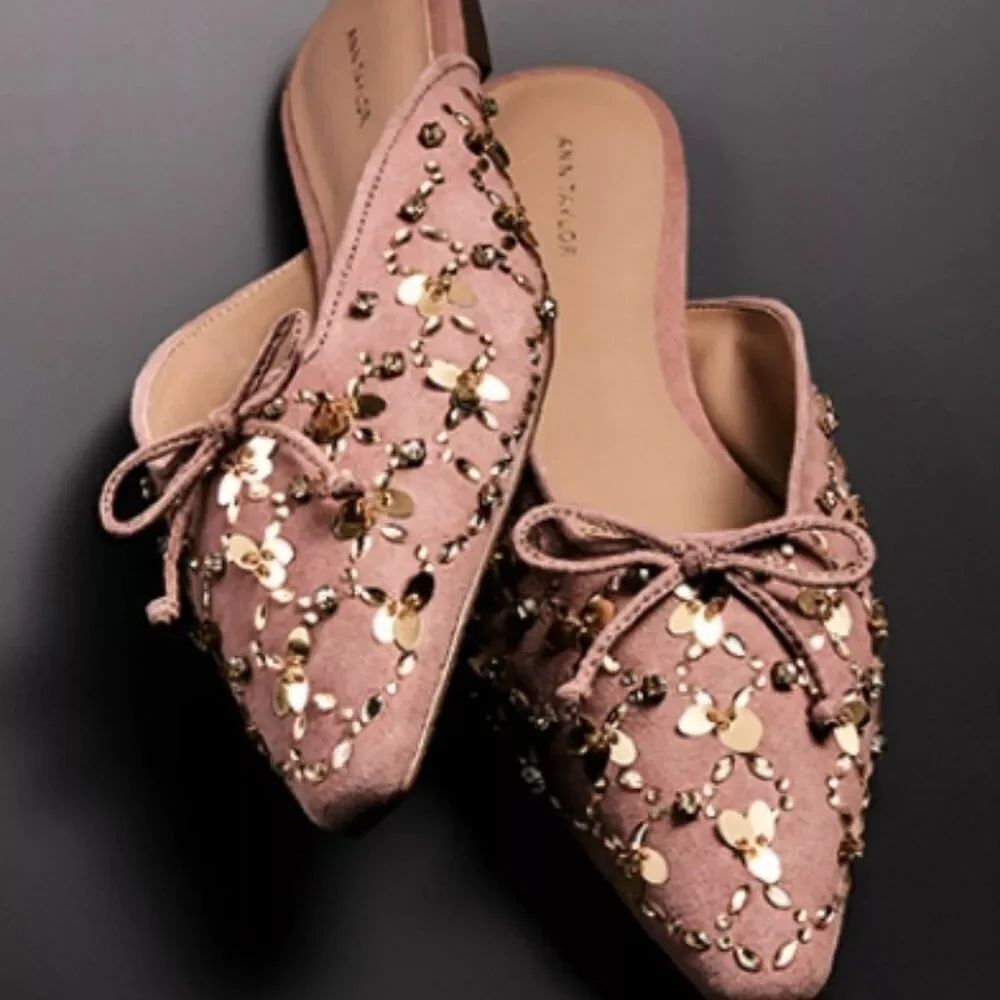NWOT Ann Taylor Glitz Mule Slide Flat Blush Embellished Pink in Size 10M